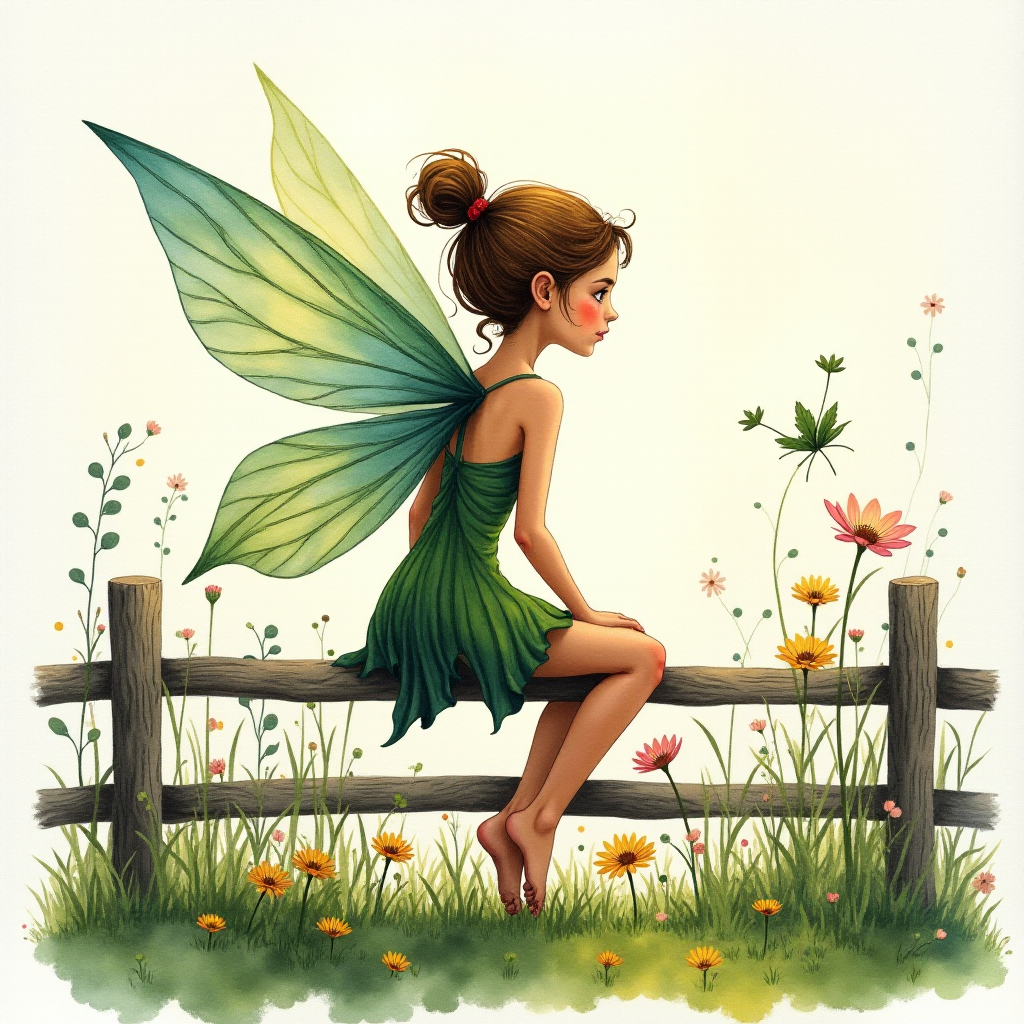 create an image of a fairy from behind sitting on a  fence watercolour and alcohol inks