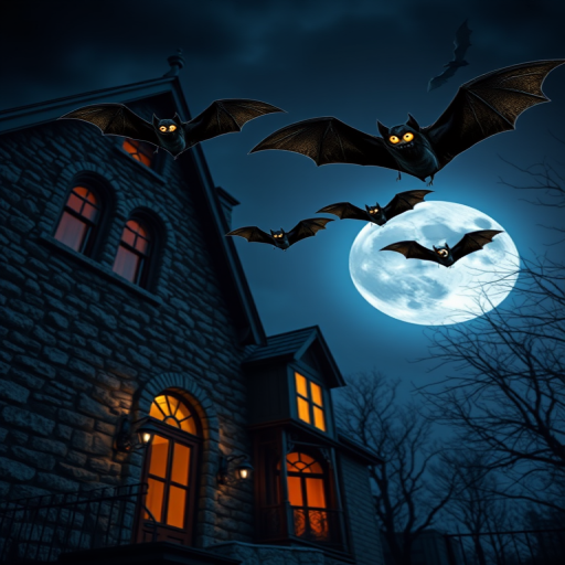 Create a spooky Halloween scene featuring a haunted house with a textured stone facade, three flying bats with glowing eyes, and a large full moon illuminating the night sky, captured with a DSLR camera at f/2.8, ISO 400, shutter speed 1/60s, in a wide-angle view for enhanced depth and clarity.