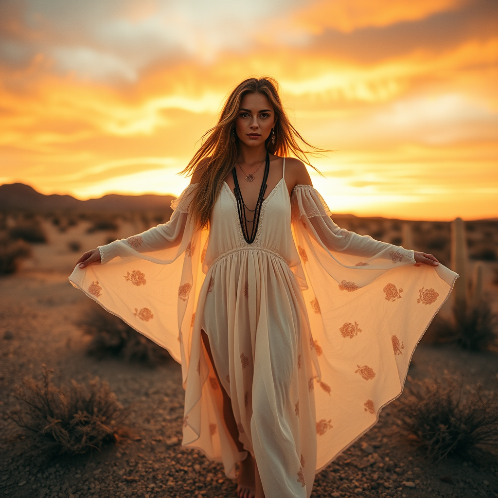 Desert setting, bohemian model, flowy dresses, earthy tones, rustic sunset effect,  equipped with a 12mm lens to capture an overhead view of the model, emphasizing symmetry and spatial positioning