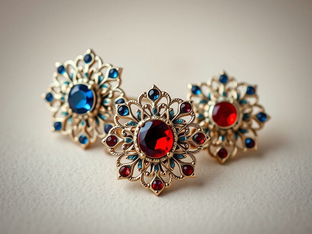 Create a high-resolution image of three ornate decorative pins with blue and red gems, using a Canon EOS R5 camera at f/2.8, ISO 100, 50mm lens, with soft diffused lighting and a shallow depth of field to enhance detail and color vibrancy.