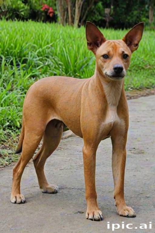 A Curious Dog Standing Proudly on a Path Surrounded by Greenery.
