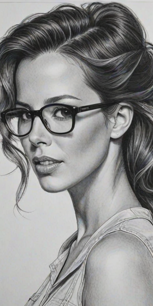 Enticing Kate Beckinsale, pencil sketch, portrait of Exquisite woman 1947s in glasses, hair style beatnik, outline, clear lines, fine lines, 8k