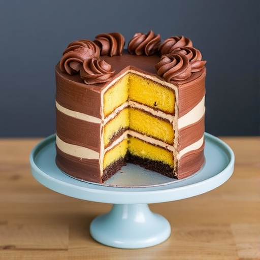 A beautifully decorated layer cake with swirls of chocolate icing on top, showcasing multiple layers of yellow and chocolate cake, placed on a light blue cake stand with a slice cut out revealing the layers inside.