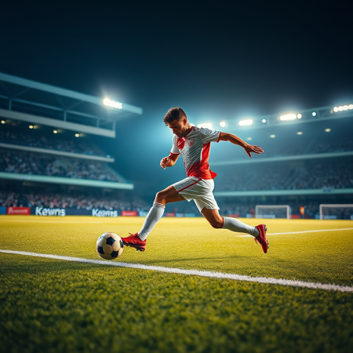 Create an image of a soccer player in an action pose kicking a ball on a brightly lit stadium field during a night game, using a DSLR camera with a 24mm lens, f/1.8 aperture, ISO 200, and a shutter speed of 1/1000s, capturing dynamic motion with dramatic lighting effects and a blurred crowd in the background.