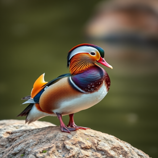 Generate an image of a mandarin duck standing on a rock, with vibrant feather colors, captured with a Canon EOS R5 at f/4, ISO 100, shutter speed 1/500s, in natural light, close-up view, with a shallow depth of field to blur the background.