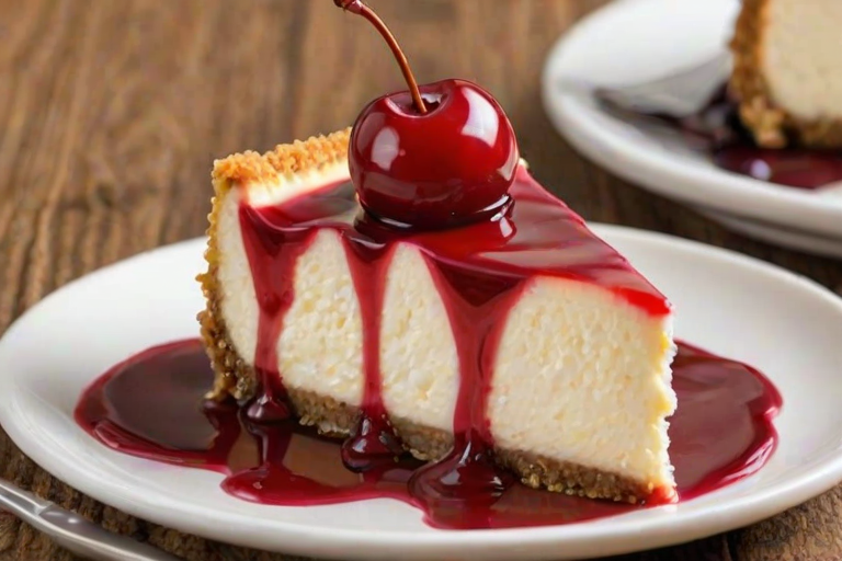 Create an image of a slice of cheesecake with a cherry topping. The cheesecake should have a creamy texture and a graham cracker crust, with a glossy layer of cherry glaze drizzled over the top. The background should be a simple wooden table setting, with a fork placed beside the slice on a plate.