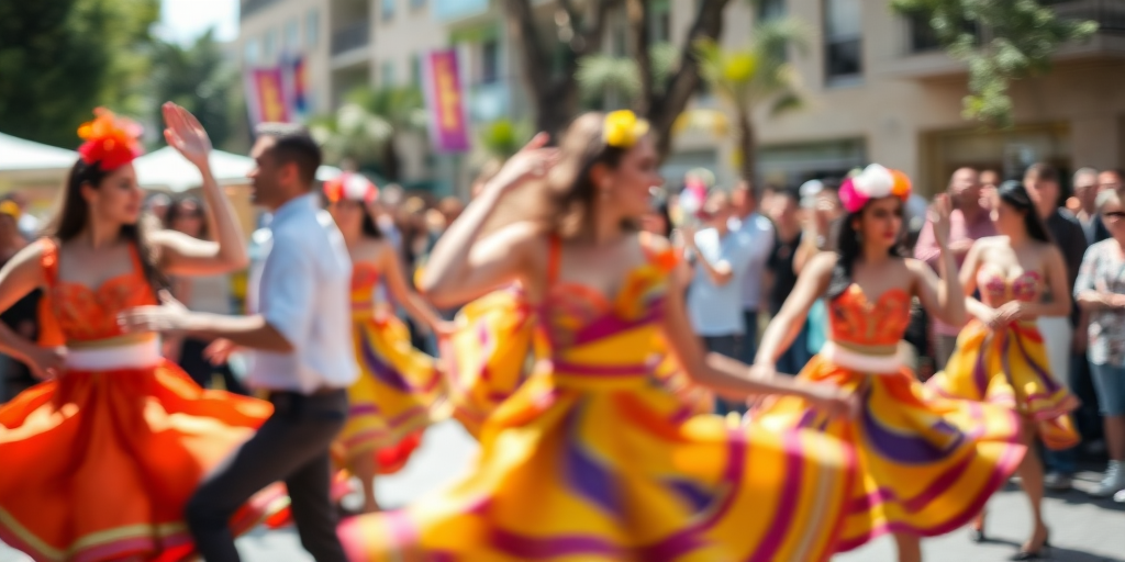 Blurry candid shot of a group of dancers performing in a street festival, bright, colorful costumes swirling in motion, with distant onlookers cheering from the sidelines.