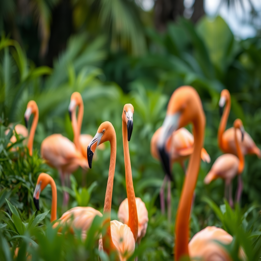 Capture a vibrant scene of flamingos in a lush green environment, shallow depth of field, 70mm lens, f/2.8 aperture, ISO 200, soft natural lighting, DSLR camera, slightly elevated angle for enhanced perspective.