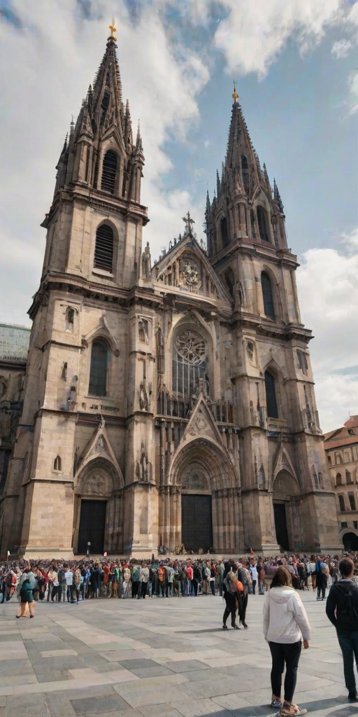 Majestic cathedral towering over a bustling square, its stone facade weathered by time, and tourists snapping photos from below.