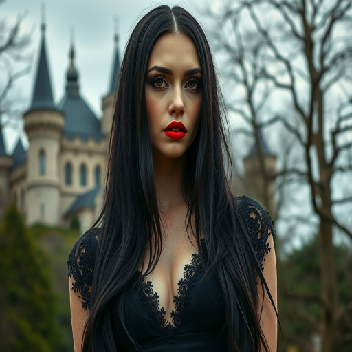 Generate a high-resolution portrait of a gothic woman with long black hair and red lips, wearing an elegant dark dress, set against a mysterious background with a castle and trees, captured with a Canon EOS R5, 85mm lens, f/1.8 aperture, at ISO 100, in natural lighting, with a soft focus effect.