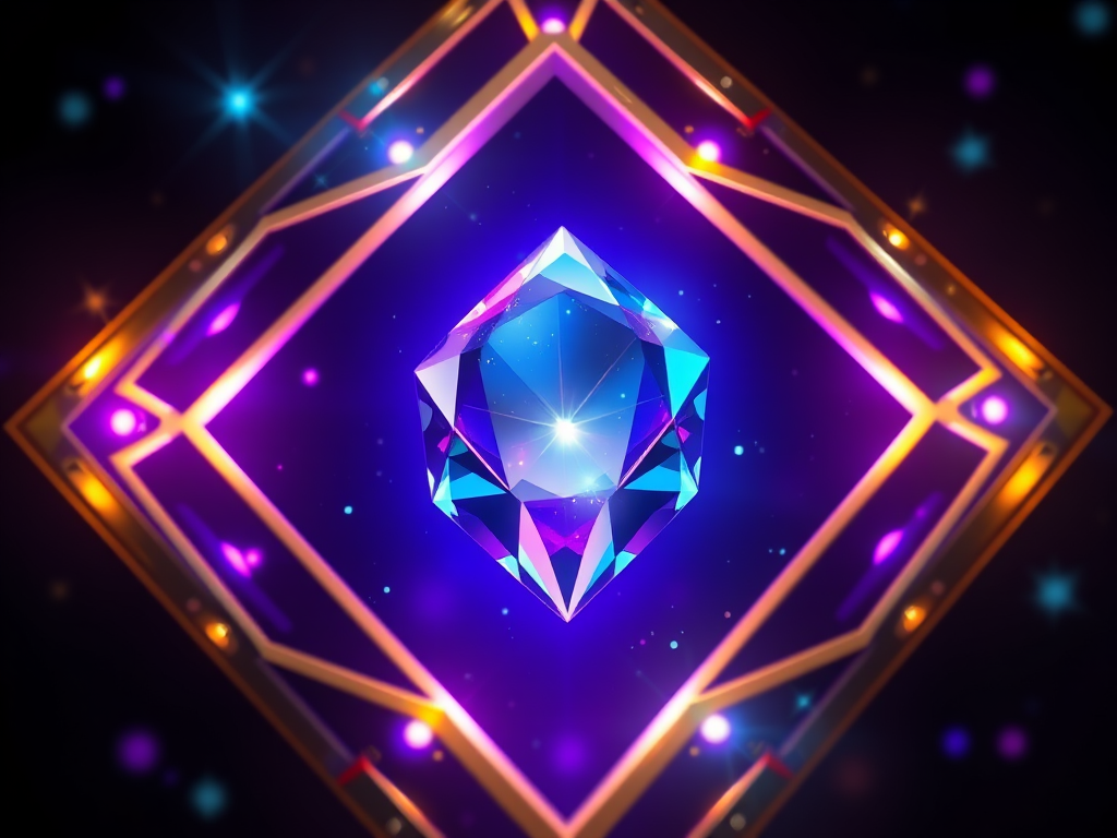 Create a high-resolution digital artwork of a magical gem encased in a diamond-shaped golden frame with glowing purple and blue accents, capturing a vibrant aura of stars and sparkles in a dark background, shot with a DSLR camera at f/2.8 aperture, 50mm lens, and a low angle view to enhance depth and detail.