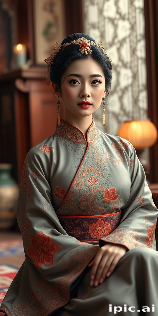 A beautiful woman in traditional East Asian attire, intricately detailed with embroidered patterns, sitting gracefully in a richly decorated room, soft ambient lighting, serene and elegant, ultra-realistic, 8K resolution