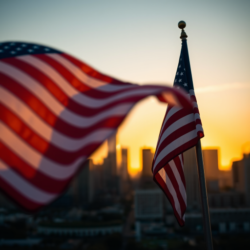 Capture a close-up of a waving American flag in the foreground with a city skyline softly blurred in the background during sunset, using a DSLR camera, f/2.8 aperture, ISO 100, 50mm lens, shot at golden hour for warm lighting and enhanced vibrancy.