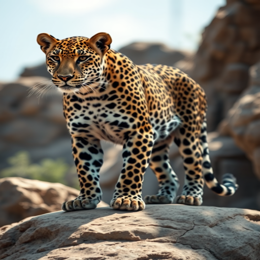 A realistic illustration of a leopard standing on a rocky surface, captured with a DSLR camera at 50mm focal length, f/4 aperture, ISO 100, in natural lighting with a shallow depth of field.