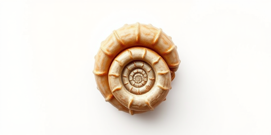 Create a realistic illustration of a spiral shell against a plain background, using a DSLR camera setup, aperture f/4, shutter speed 1/125 sec, ISO 100, in macro view, with natural lighting to enhance texture and detail.