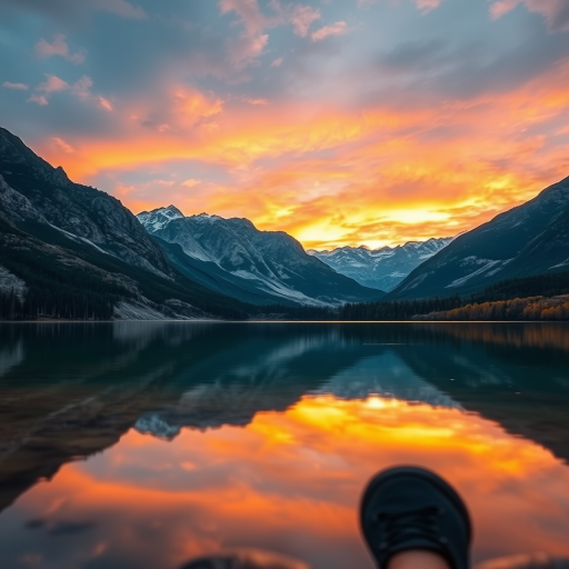 Create a high-resolution image of a serene landscape featuring mountains and a calm lake at sunrise with vibrant colors, shot using a Canon EOS R5 at f/8, ISO 100, shutter speed 1/125 sec, wide-angle lens, taken from a low angle to capture the reflection in the water and enhance the depth of field.