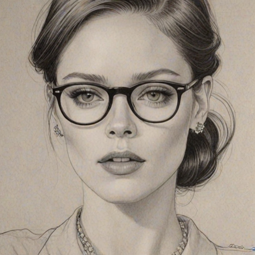 Magnificent Coco Rocha, pencil sketch, portrait of Pleasing woman 1931s in glasses, hair style beatnik, outline, clear lines, fine lines, 8k