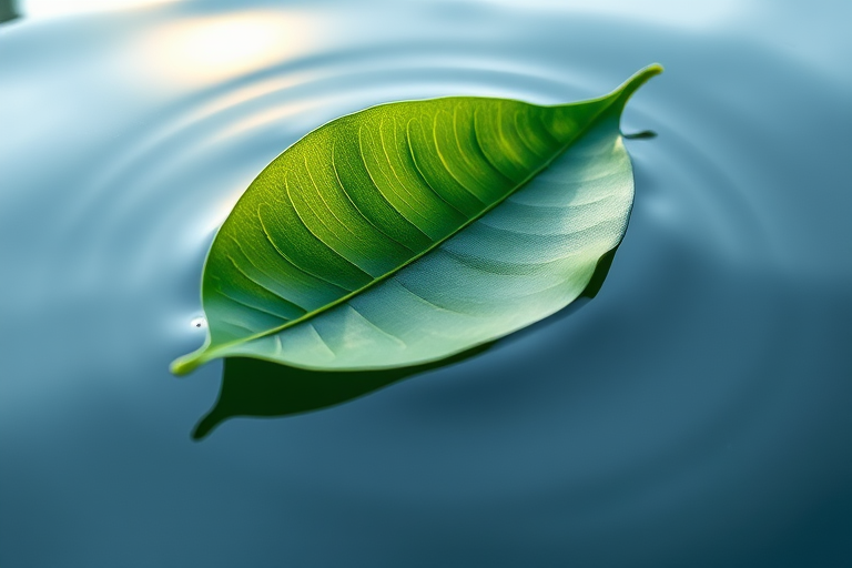 Create a high-resolution image of a stylized green leaf floating on water, with a smooth reflective surface, using a DSLR camera at f/2.8 aperture, 50mm lens, ISO 100, shot from a low angle to enhance the reflection effect, with soft natural lighting for a vibrant appearance.