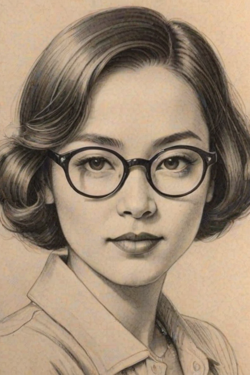Enchanting Ellen Wong, pencil sketch, portrait of Delightful woman 1920s in glasses, hair style beatnik, outline, clear lines, fine lines, 8k