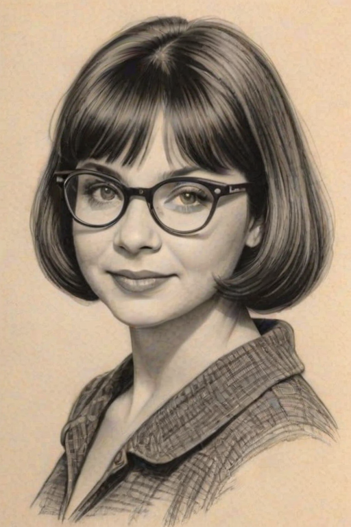 Enchanting Cindy Williams, pencil sketch, portrait of Splendid woman 1938s in glasses, hair style beatnik, outline, clear lines, fine lines, 8k