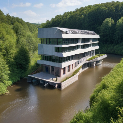 a huge, one-story building that overlooks a river