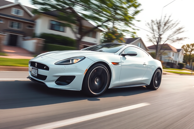 capture a sleek white car in motion on a suburban road with blurred background to emphasize speed, use a DSLR camera with a 50mm lens, set aperture to f/8, shutter speed to 1/1000s, ISO 200, and a panning technique to convey motion, shooting from a low angle to enhance perspective