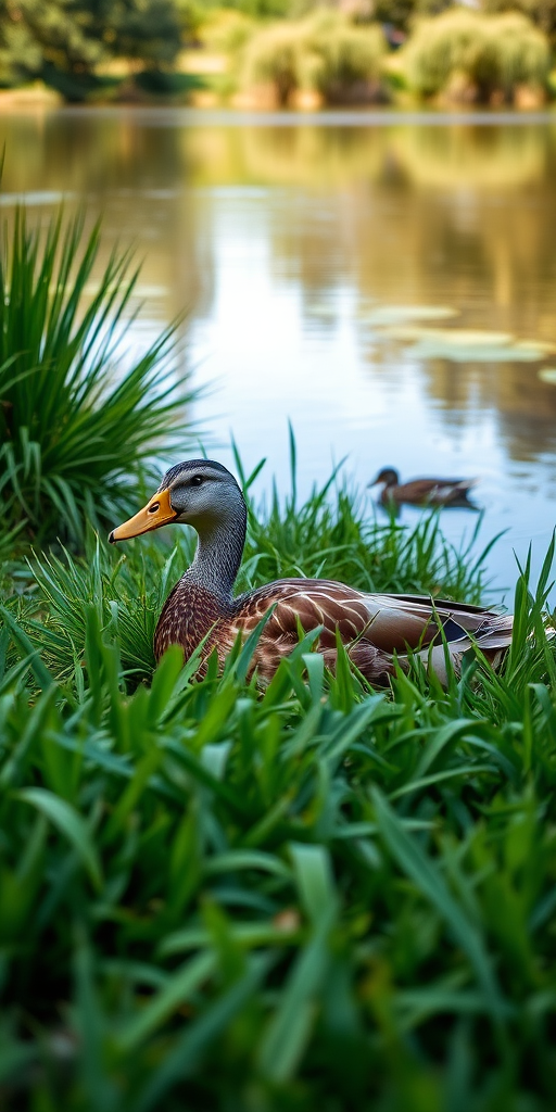 Capture a duck resting in lush green grass by a tranquil pond, with a shallow depth of field, natural lighting, ISO 200, f/4.0 aperture, 35mm lens, shot from a low angle to emphasize the duck and surrounding foliage, using a DSLR camera for high clarity.