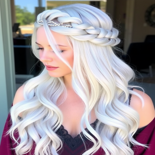 Silvery-white long layers called "Frost Queen" with icy blue undertones, styled in a half-up crown braid with cascading waves for a regal appearance