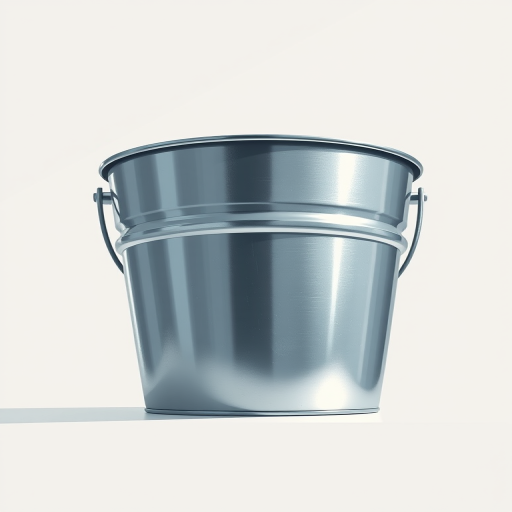 Create a highly detailed illustration of a metallic bucket in a minimalist style, with soft shadows and highlights, using a Canon EOS 5D Mark IV, f/8 aperture, 50mm lens, and natural lighting from above to enhance the texture and depth of the bucket.