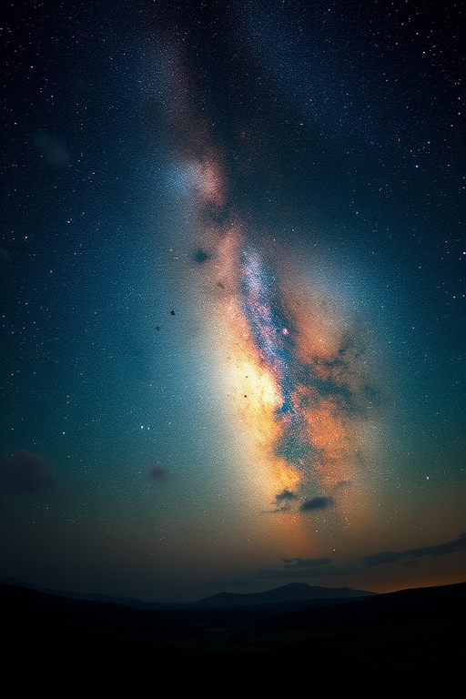 Regenerate a cosmic night sky scene with vibrant stars, ethereal clouds, and a serene landscape below, using a Nikon D850, 24mm lens, f/1.8 aperture, ISO 800, 30-second exposure, wide-angle view, and low-light photography style for enhanced clarity and depth.