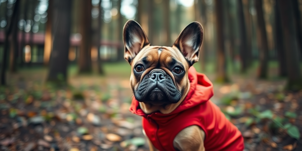 French Bulldog wearing a red jacket in a forest setting, shallow depth of field, soft natural lighting, 50mm lens, f/2.8 aperture, ISO 200, shot with a DSLR camera at eye level for a warm, intimate feel.