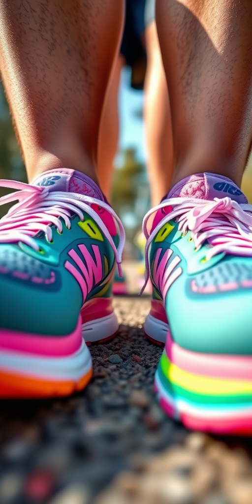 Create a vibrant digital illustration of a close-up view of colorful running shoes from a low angle, using a soft focus to enhance depth; simulate a Canon EOS 5D Mark IV with a 50mm lens, f/1.8 aperture, ISO 100, natural daylight.