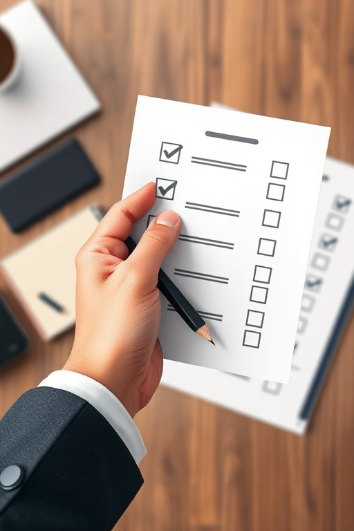 create an illustration of a hand holding a checklist with checkmarks and a pencil in a business style setting, use a DSLR camera with a 50mm lens, aperture set to f/2.8 for a shallow depth of field, capture from a top-down angle with a soft-focus background to enhance the subject sharpness.