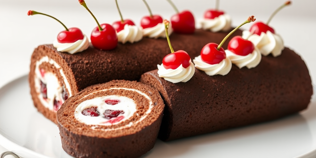A chocolate rolled cake with a rich chocolate exterior, filled with cream and cherries, topped with whipped cream and whole cherries along the top, displayed on a white plate, with a slice cut out showing the inner filling.