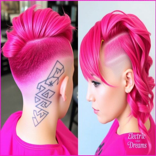 Bubblegum pink asymmetrical undercut, crafted by "Electric Dreams" stylists, featuring a closely shaved side with intricate geometric patterns etched in, contrasting with longer, wavy locks on the opposite side, accented by neon yellow peek-a-boo highlights for a bold, futuristic look.