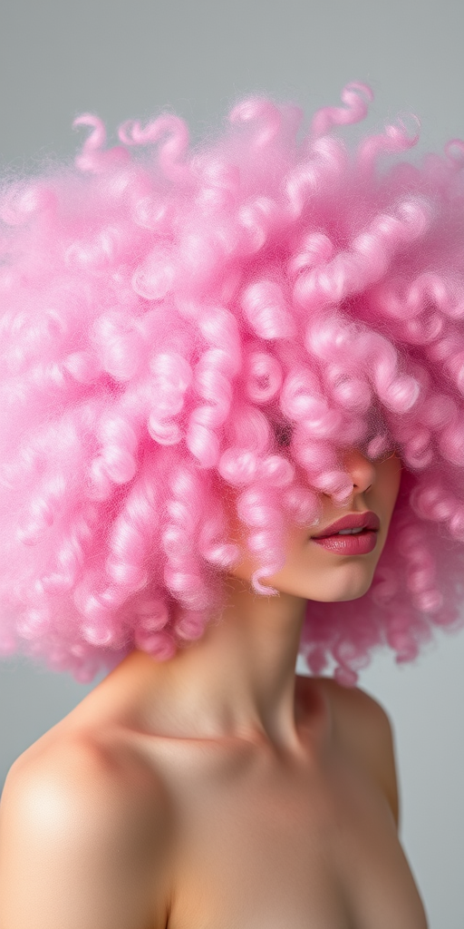 Whimsical cotton candy pink afro with subtle violet undertones, Cloud's hair defies gravity with its voluminous and airy texture, creating a soft and dreamy silhouette