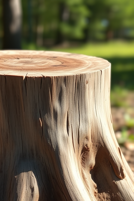 Create a high-resolution digital illustration of a wooden stump with detailed textures, soft natural lighting, captured with a DSLR camera at f/4 aperture, 50mm lens, ISO 100, in a bright outdoor setting with a shallow depth of field to enhance background blur.