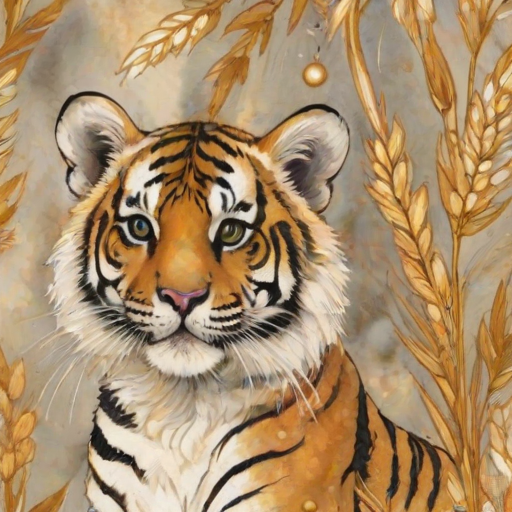 Soft, muted Alcohol Ink with ebru effect background image of tiny whimsical tiger, who climbed high on the top of a golden rye ear.
