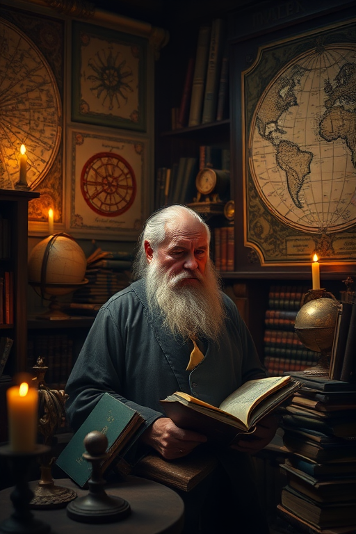 Old scholar in a dimly lit library surrounded by ancient books and globes, intricate maps on the walls, warm candlelight illuminating the scene, high detail, soft focus, DSLR camera, f/1.8 aperture, 50mm lens, ISO 100, natural light enhancement.