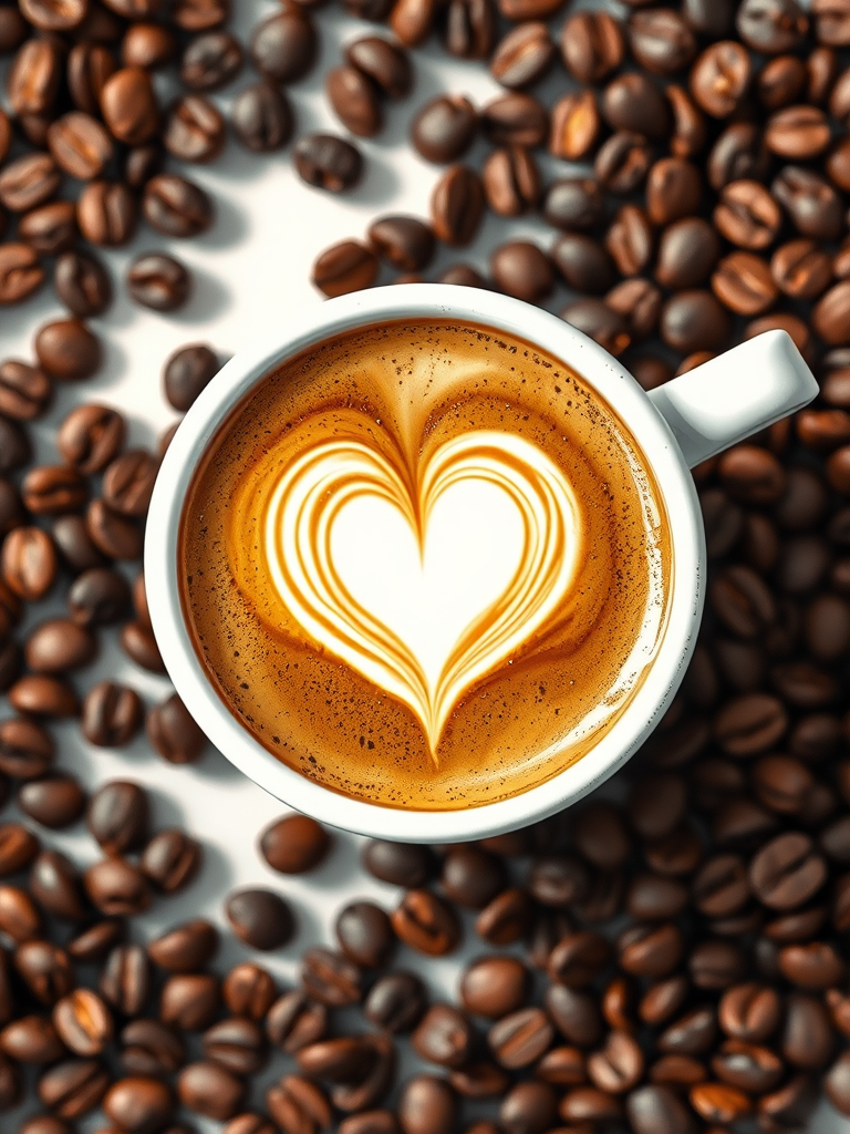 Create a detailed illustration of a cup of coffee with a heart latte art design surrounded by coffee beans, high-resolution, shot with a DSLR camera at f/2.8 aperture, 50mm lens, top-down view, natural lighting.