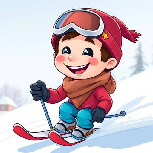 Create a high-resolution cartoon character of a smiling skier in a red hat, holding a ski pole and carving snow, shot with a DSLR camera at f/2.8, ISO 100, 50mm lens, in bright daylight.