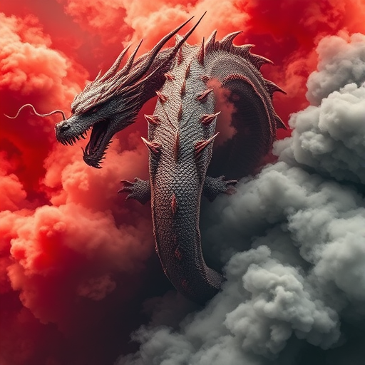 Create a dramatic artwork of a massive dragon emerging from swirling red and gray smoke, with intricate scales and fierce expression, captured with a DSLR camera at f/2.8, ISO 200, 1/1000s, using a wide-angle lens and an overhead view for dynamic composition.