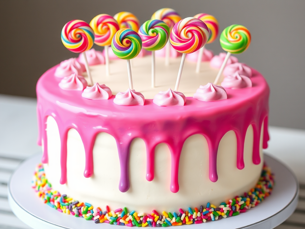 Create a colorful birthday cake with a smooth white frosting covered in vibrant dripping icing in shades of pink, purple, and green. Top the cake with various swirled lollipops in bright colors and add a sprinkle border around the base.