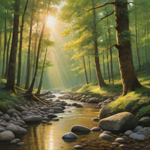 Create an image of a serene, sunlit forest scene with a clear, gently flowing river. Tall trees with lush green foliage line both sides of the river, their leaves bathed in the warm golden light of the setting or rising sun. The sunlight filters through the trees, casting soft, dappled light on the river, which flows over smooth rocks and pebbles, creating a peaceful, natural atmosphere. The sky is bright with a few scattered clouds, and the overall mood is tranquil, evoking a deep sense of connection with nature. The image captures the beauty of a calm, pristine forest landscape at either dawn or dusk.