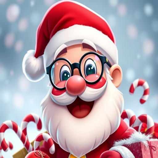 Generate a high-resolution digital illustration of a cartoon Santa Claus with a red hat, glasses, and a playful expression, surrounded by candy canes and wrapped gifts, using a Canon EOS 5D Mark IV, 50mm lens, aperture f/1.8, ISO 100, and a soft focus background to enhance image quality.