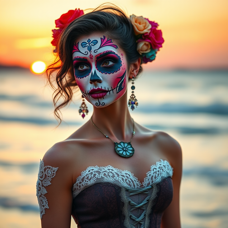 Generate an image of a woman in a dramatic sugar skull makeup with vibrant colors, wearing a corset dress with lace and floral details, against a coastal backdrop during sunset, using a DSLR camera with a 50mm lens at f/1.8, ISO 200, and a shallow depth of field for a soft background effect.