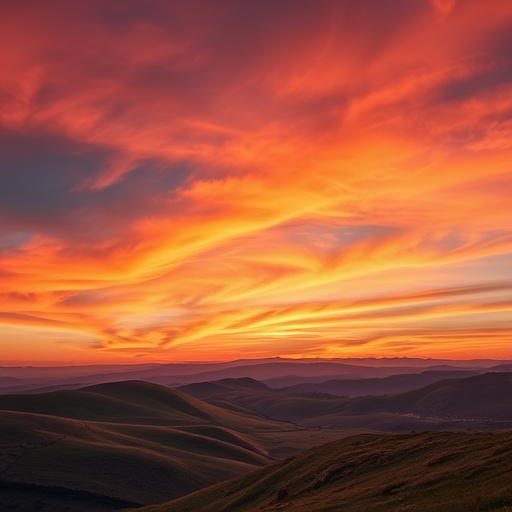Create a high-resolution image of a serene landscape featuring rolling hills under a vibrant sunset sky, using a Canon EOS R5 camera with a 24-70mm lens, aperture set to f/11, ISO 100, shutter speed of 1/125s, shot from a low angle for a dramatic perspective.