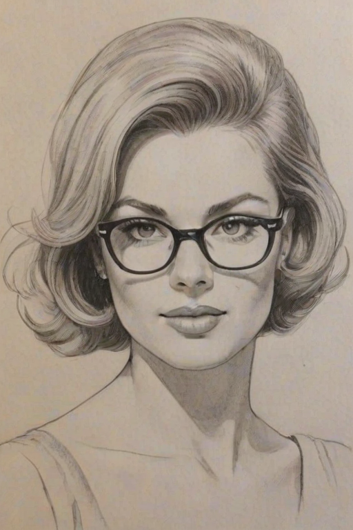 Dazzling Courtney Peldon, pencil sketch, portrait of Charming woman 1961s in glasses, hair style beatnik, outline, clear lines, fine lines, 8k