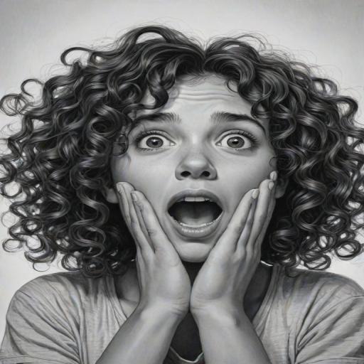 The image is a black and white illustration of a young girl with curly hair. She has a surprised expression on her face with her mouth open and her hands clasped together in front of her chest. Her eyes are wide and her eyebrows are furrowed. Her hair is styled in loose curls that are cascading down her back. The overall mood of the image is one of shock or surprise.