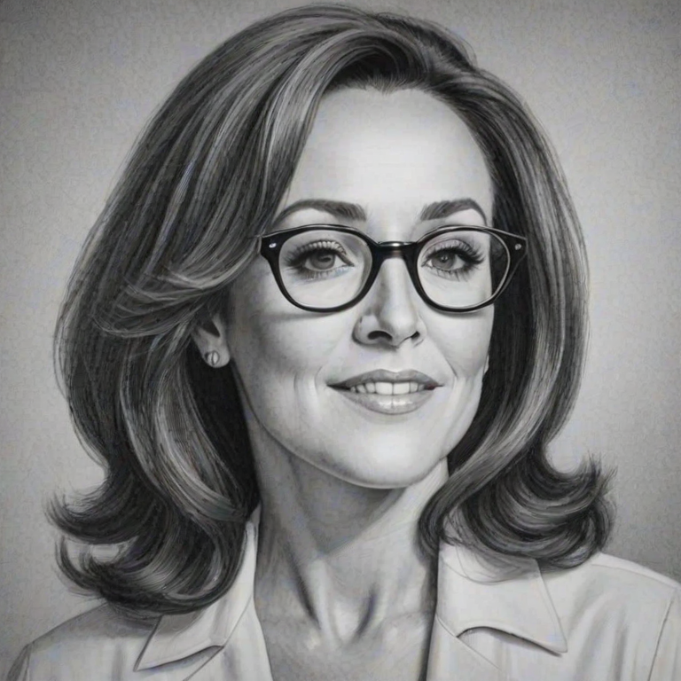 Beauteous Patricia Heaton, pencil sketch, portrait of Graceful woman 1964s in glasses, hair style beatnik, outline, clear lines, fine lines, 8k